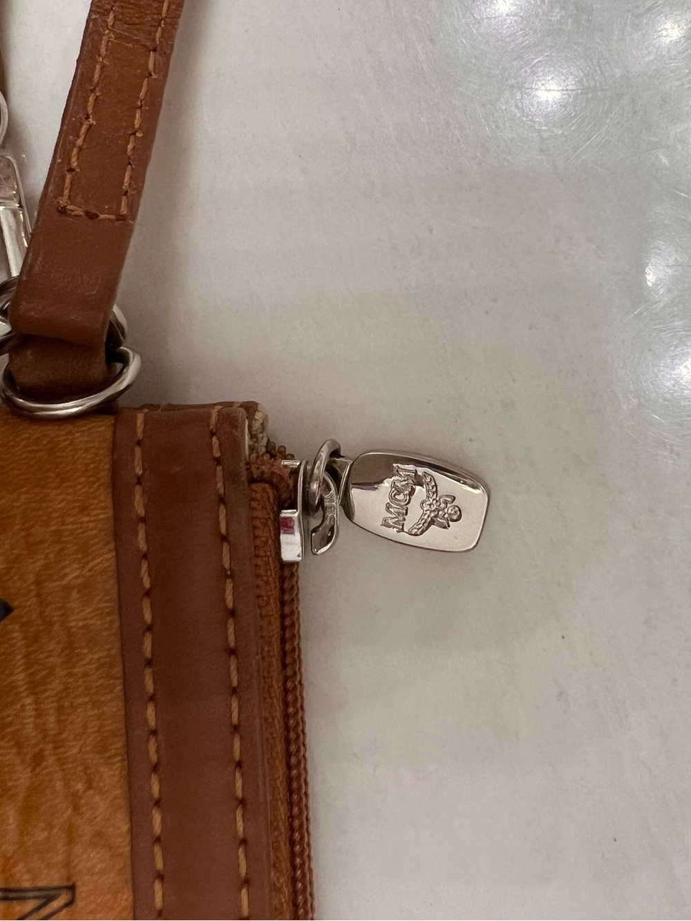 MCM Cognac Logo Print Leather Wristlet in Black Accents - Picture 3 of 6
